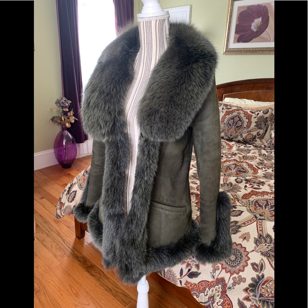 Italian Suede coat with real fox fur olive color